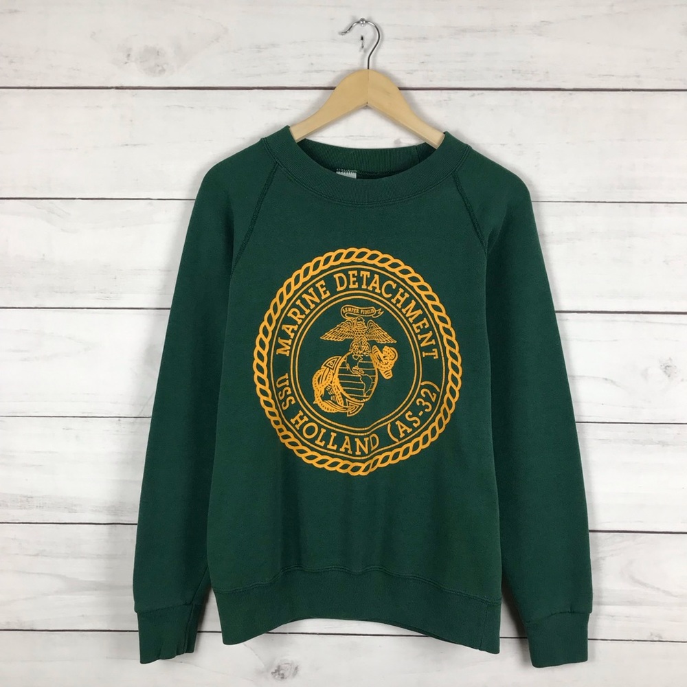 Vintage Green Crewneck Sweatshirt with Yellow Marine Detachment Emblem